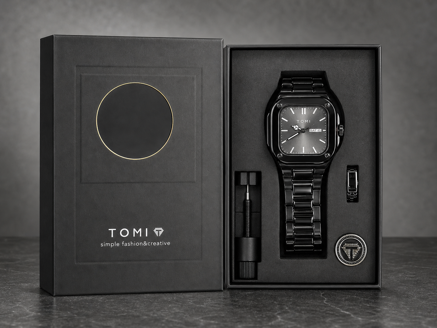 TOMI Midnight Steel – Luxury Black Chronograph Watch Set